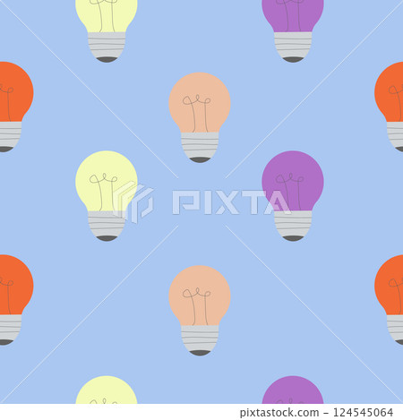 Colorful light bulbs seamless pattern. Vector repeating background for web banner, cover, print, wallpaper, textile. 124545064