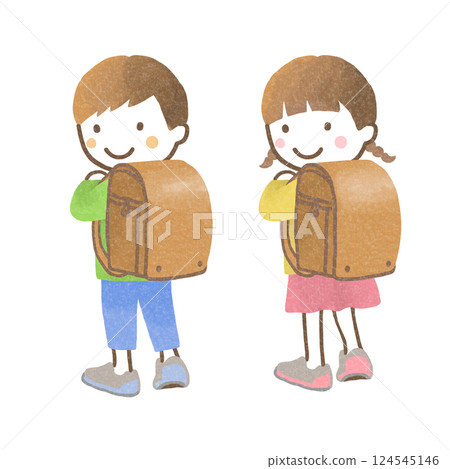 攜帶學校牢房的小學男孩和女孩 124545146