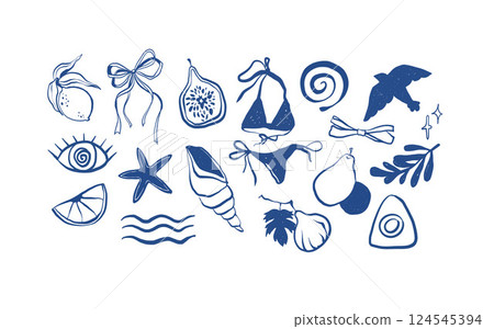 Hand drawn summer doodles, beach party, vacation and travel doodle elements. Tropical leaves, fruits and cocktails sketches, cute summertime line stickers vector set. Vector illustration 124545394