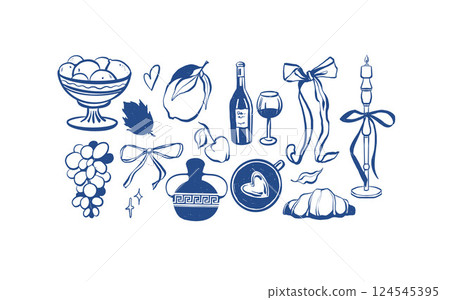 Hand drawn summer doodles, beach party, summer picnic elements, fruits, wine, candles and bows. Summertime line icon vector set 124545395