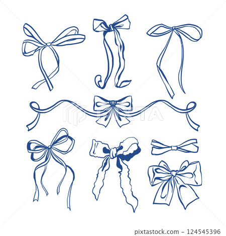 Set of bow in vintage style. Doodle outline bow. Design elegant blue elements. Vector illustration Set of bow in vintage style. Doodle outline bow. Design elegant blue elements. Vector illustration 124545396