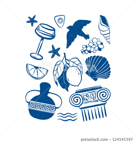 Hand drawn summer doodles, vacation and travel elements. Coastal outline icon vector set in blue color. Vibe of Greece and Italy 124545397