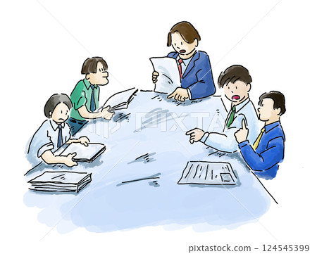 Hand-drawn illustration of several male employees in a meeting at a company. A slightly American comic-style illustration (bumpy lines) Hand-drawn illustration of several male employees in a meeting at a company. A slightly American comic-style illustration (bumpy lines) 124545399