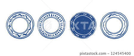 Set of hand drawn doodle plates in blue color. Graphic tableware. Vector illustration Set of hand drawn doodle plates in blue color. Graphic tableware. Vector illustration 124545400