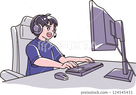 圖：一個男孩微笑著使用電腦 124545431