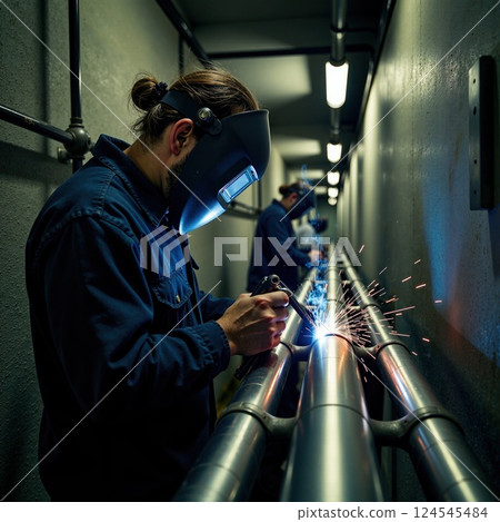 Caucasian male adult welders working in industrial pipe corridor 124545484