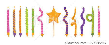 Birthday cake candle cartoon set, vector hand drawn party celebration decor doodle illustration.  124545487