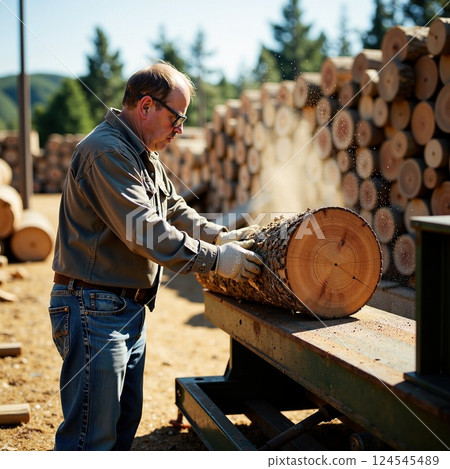 Caucasian male adult working in lumberyard, handling log outdoors 124545489