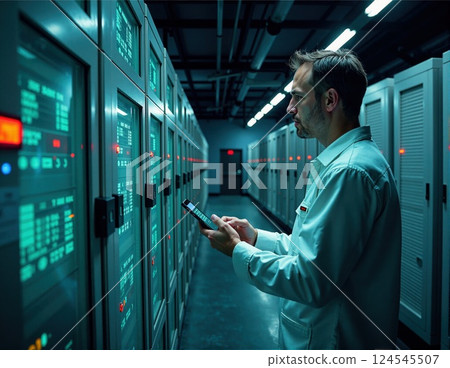 Caucasian male engineer monitoring data center equipment with handheld device Caucasian male engineer monitoring data center equipment with handheld device 124545507