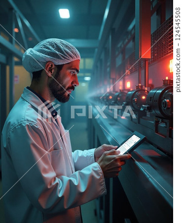 Caucasian male engineer monitoring manufacturing process in industrial setting Caucasian male engineer monitoring manufacturing process in industrial setting 124545508