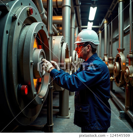 Caucasian male engineer operating industrial equipment in a factory setting Caucasian male engineer operating industrial equipment in a factory setting 124545509