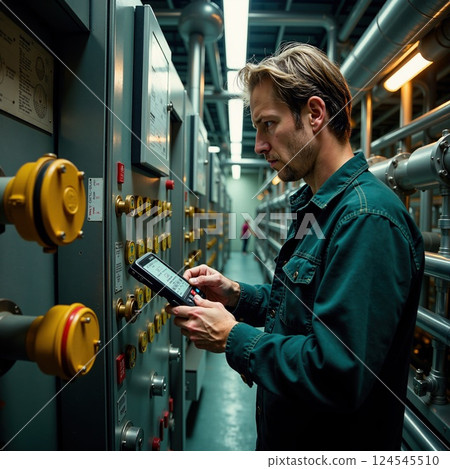 Caucasian male engineer using a digital tablet for system monitoring in industrial control room 124545510