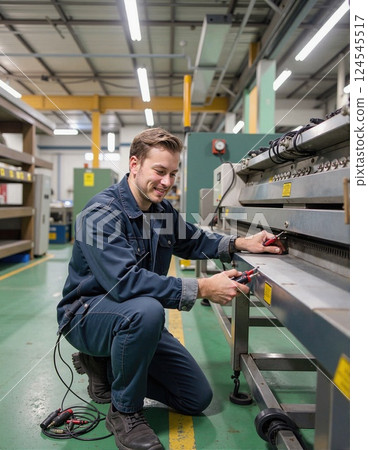 Caucasian male mechanic inspecting industrial equipment in factory setting 124545517