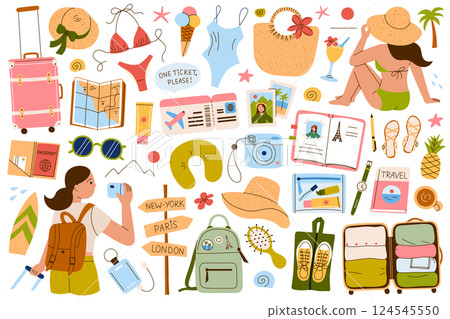 Collection of doodles and female characters, solo travel and travel packing. Suitcases, swimsuits, map. Girl on beach, woman with backpack, tropical vacation icons. Fun vector illustrations set 124545550