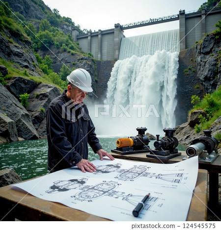 Elderly caucasian male engineer analyzing hydraulic blueprints at waterfall dam site 124545575