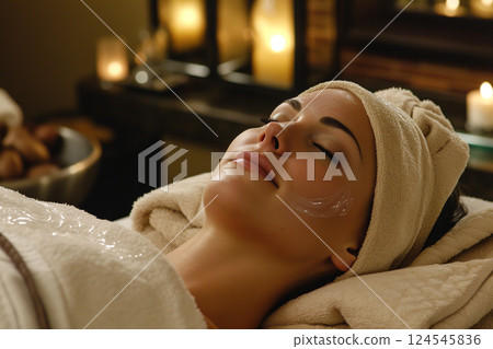 Close up portrait of a calm relaxed woman wearing a spa towel and moisturizer in a beauty spa. Natural cosmetics for skin care. Beautiful young woman with a mask on her face. cosmetology concept 124545836