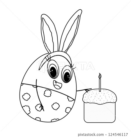 Black and white Easter coloring page featuring a cheerful anthropomorphic Easter egg character with bunny ears taking a piece of at a festive Easter cake with a candle. Perfect for festive crafts. Black and white Easter coloring page featuring a cheerful anthropomorphic Easter egg character with bunny ears taking a piece of at a festive Easter cake with a candle. Perfect for festive crafts. 124546117