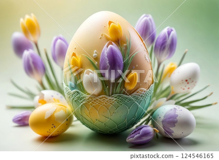Bright crocus buds and transparent Easter egg on a pastel background 124546165