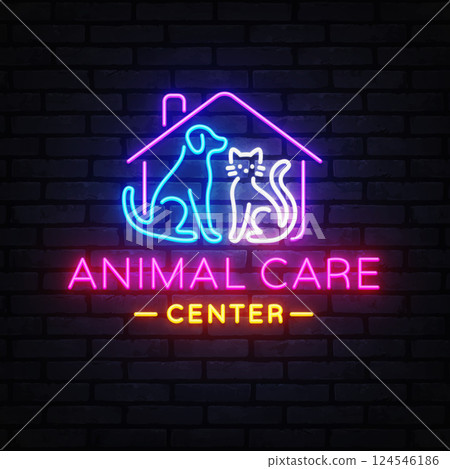 Pet logo with dog, cat, neon, animal, and shop elements featuring the text Animal Care Center. Glowing house outline and colorful lettering on dark brick background. 124546186