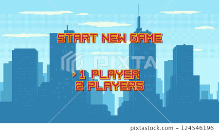 Start New Game screen with player selection on cityscape background. Retro arcade style menu. Modern city silhouette against blue sky. 8-bit game vector GUI. Start New Game screen with player selection on cityscape background. Retro arcade style menu. Modern city silhouette against blue sky. 8-bit game vector GUI. 124546196