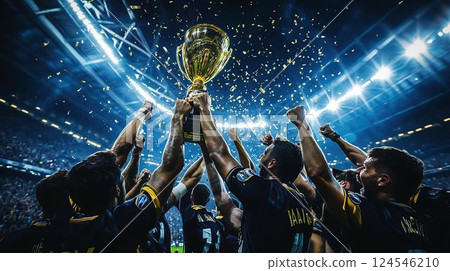 獲勝隊在體育比賽頒獎典禮上獲得獎杯 124546210