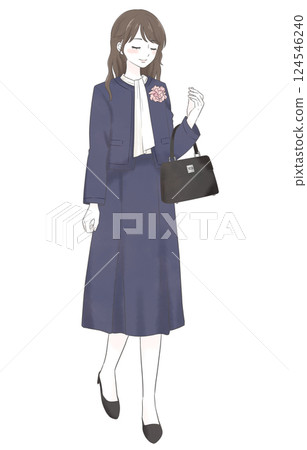 A woman wearing a navy formal suit 124546240