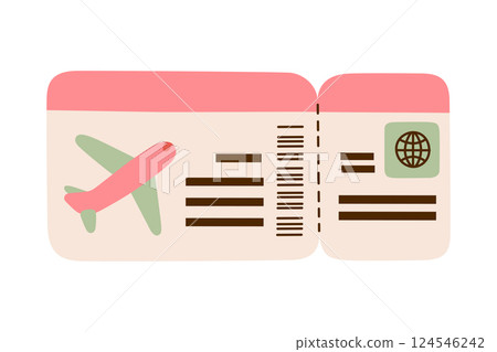 Flat cartoon illustration of cute airplane ticket. Simple and minimalistic travel themed design, perfect for vacation, tourism, flight booking, and adventure concepts. Doodle vector icon 124546242