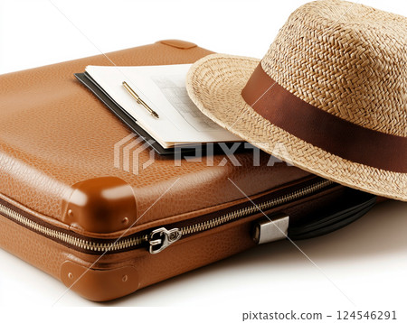 Straw hat with ribbon on vintage leather suitcase 124546291
