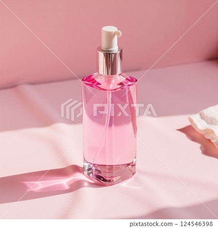 Elegant pink perfume bottle on light pink background 124546398