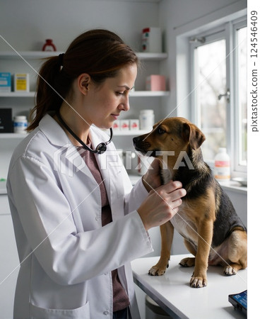 Female caucasian veterinarian examines young dog in clinic 124546409