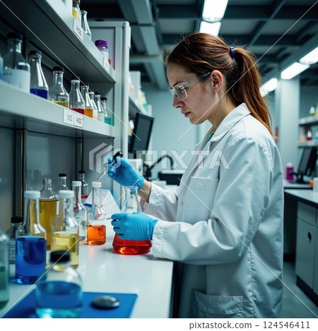 Female chemist conducting experiment in laboratory with various chemical solutions 124546411