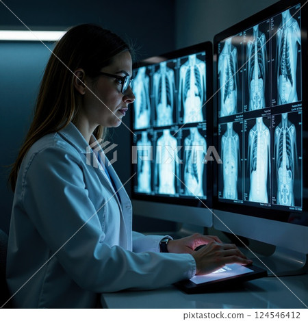 Female doctor analyzing chest x-rays on multiple screens in hospital radiology room 124546412