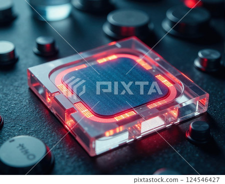 Futuristic red-lit tech interface on a control panel 124546427