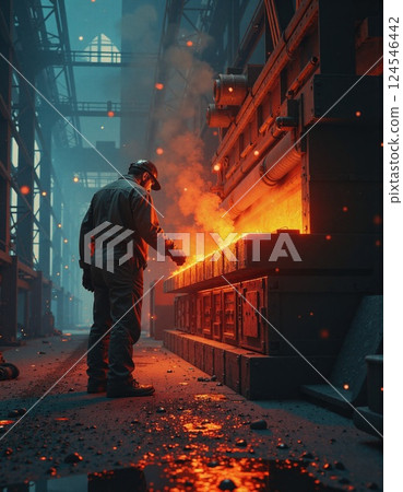 Industrial worker in hot steel factory inspecting molten metal at furnace 124546442