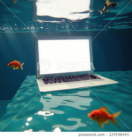 Laptop submerged in water with goldfish swimming around 124546443