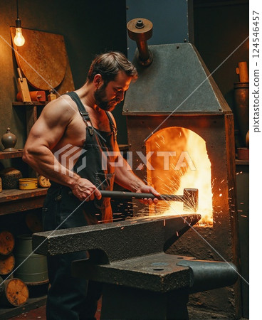 Male blacksmith working at forge with hammer and anvil in workshop 124546457