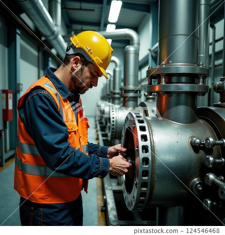 Male engineer inspecting industrial machinery in factory setting 124546468