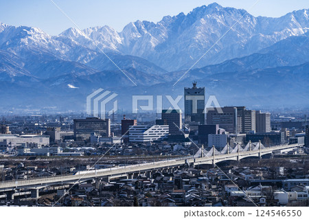 View of Toyama city, the Hokuriku Shinkansen, and the Tateyama mountain range from Mt. Kureha 124546550