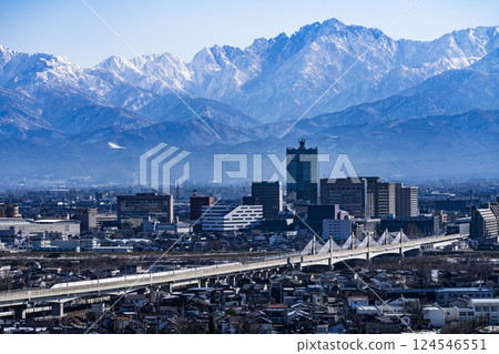 View of Toyama city, the Hokuriku Shinkansen, and the Tateyama mountain range from Mt. Kureha 124546551