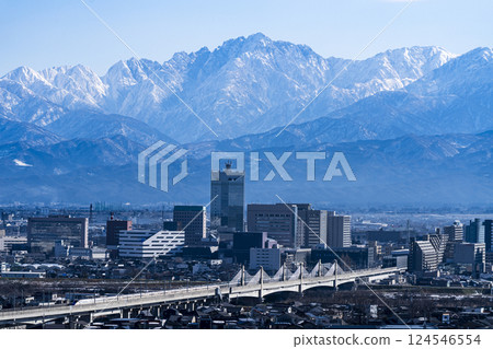 從吳羽山眺望富山市、北陸新幹線、立山山脈 124546554