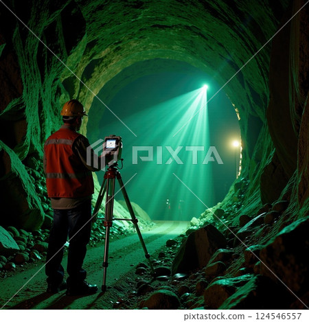 Male surveyor with equipment in illuminated tunnel 124546557