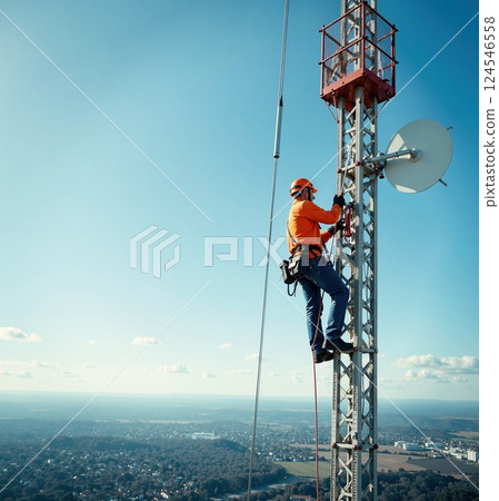Male technician climbing telecommunications tower outdoors 124546558