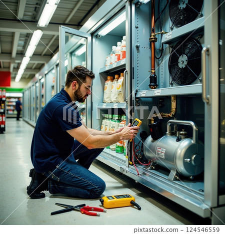 Male technician fixing commercial refrigerator in supermarket aisle 124546559