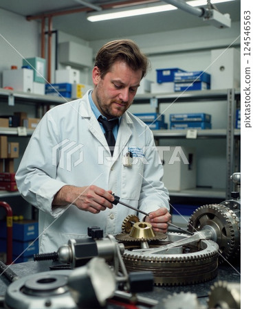 Male technician working on mechanical equipment in laboratory setting 124546563