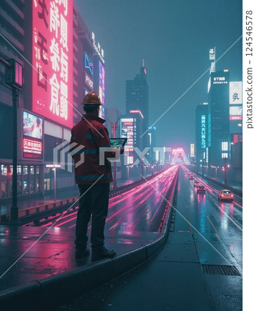 Male worker with tablet on neon-lit city street at night 124546578