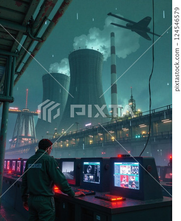 Man monitoring control room in futuristic industrial complex at night 124546579