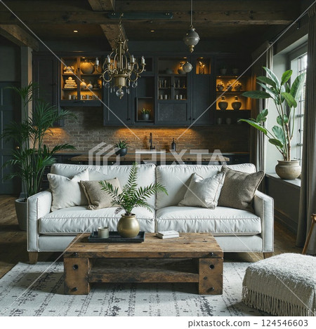 Rustic living room with elegant decor and indoor plants in cozy atmosphere 124546603