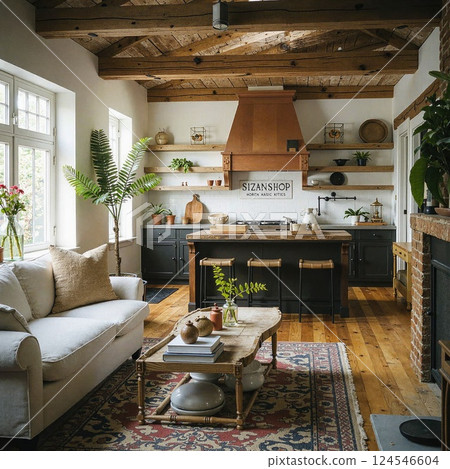 Rustic modern kitchen and living room with wooden beams and cozy decor 124546604