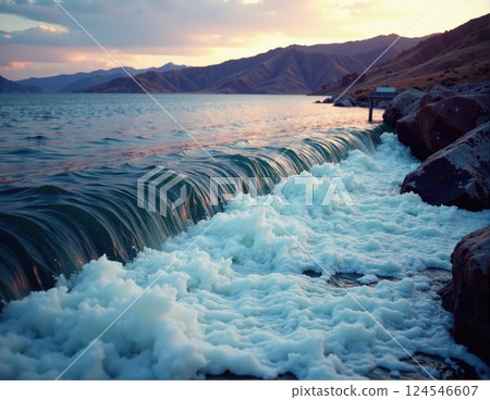 Serene ocean wave at sunrise near mountainous coastline 124546607