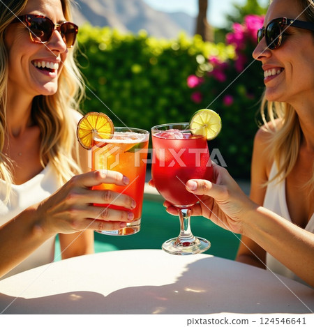 Two young caucasian women enjoying refreshing beverages outdoors on a sunny day 124546641